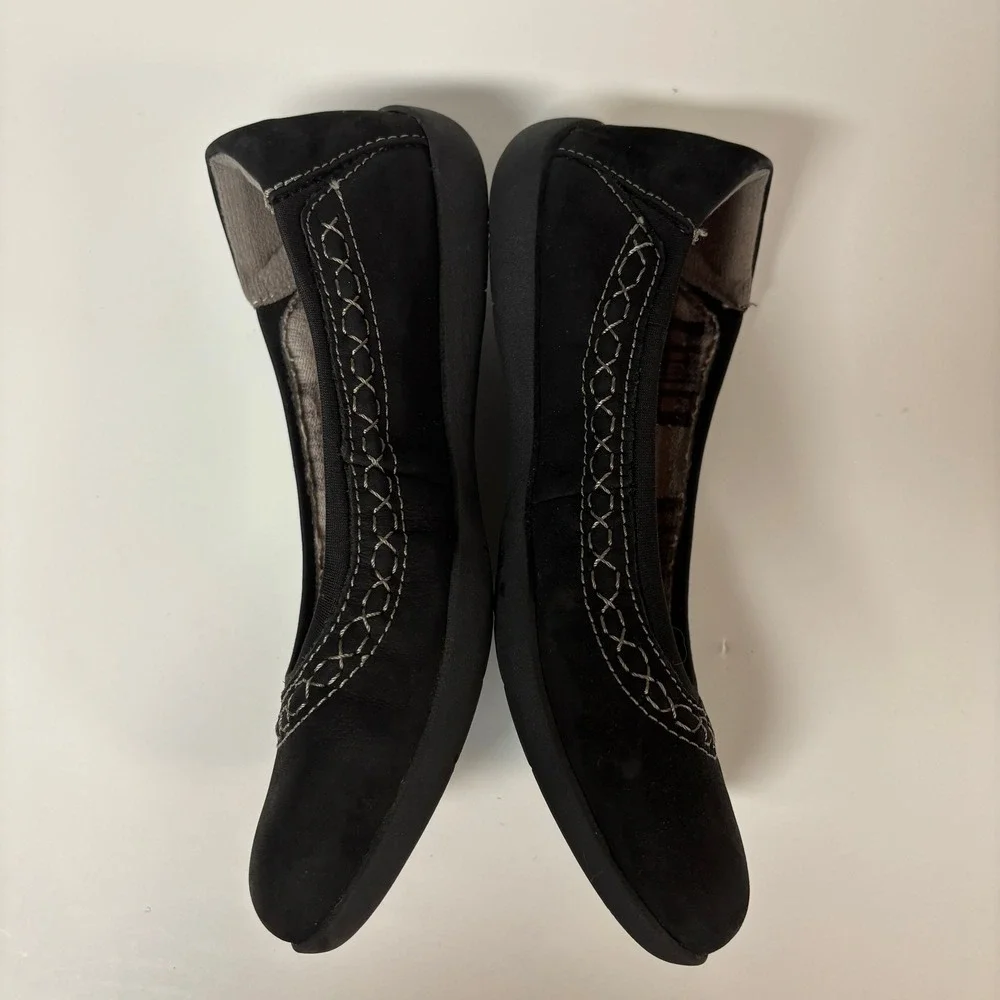 Earth Origins Black Nubuck Leather Ballet Flats Whipstitch Trim Women Size 6.5